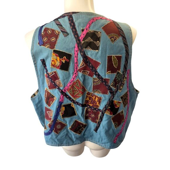 Handmade 80s Boho Reversible Vest Sz XL–2X Denim Patchwork Applique Stripe Cotto - Picture 5 of 10